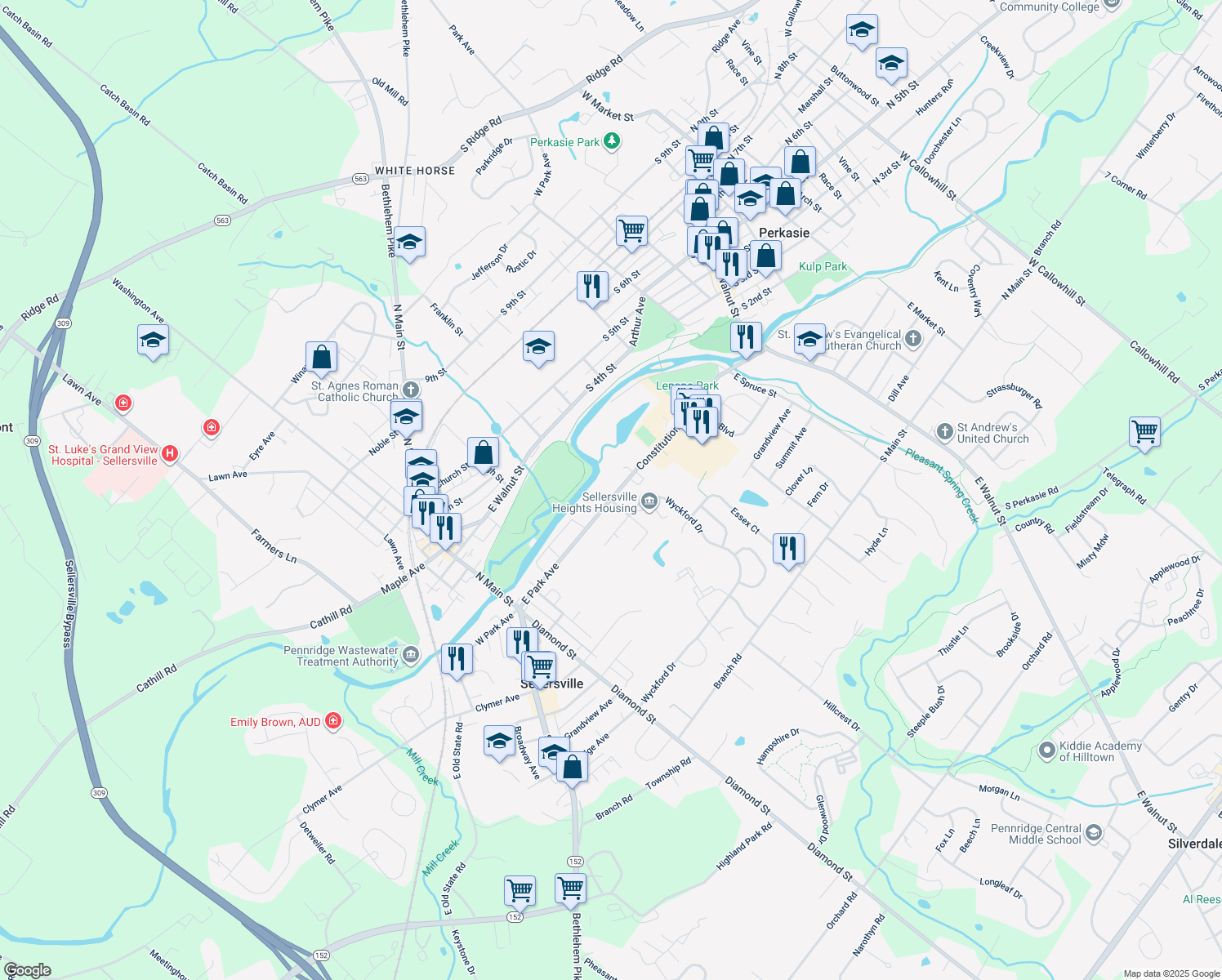 map of restaurants, bars, coffee shops, grocery stores, and more near 405 East Park Avenue in Sellersville