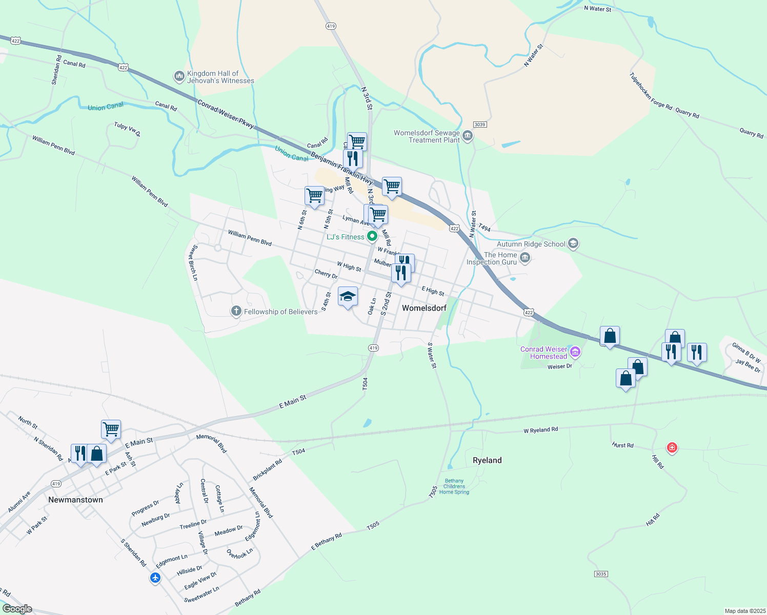 map of restaurants, bars, coffee shops, grocery stores, and more near 106 South 2nd Street in Womelsdorf