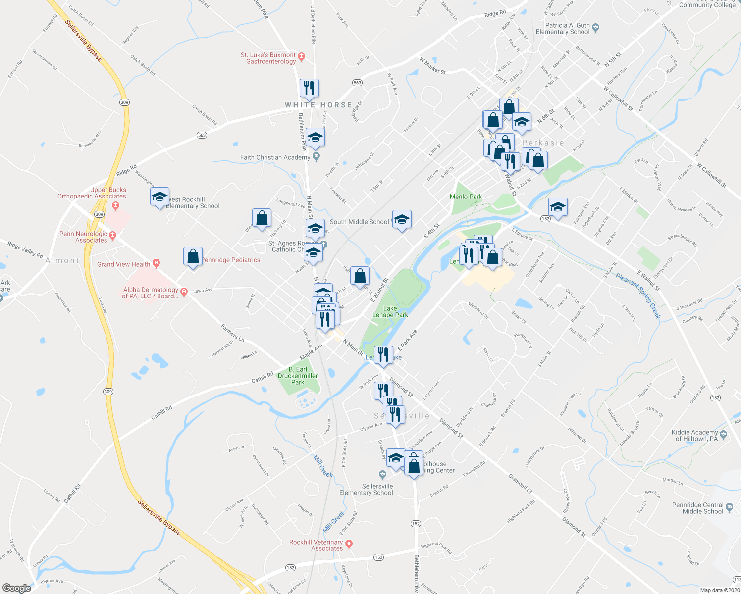map of restaurants, bars, coffee shops, grocery stores, and more near 161 East Walnut Street in Sellersville