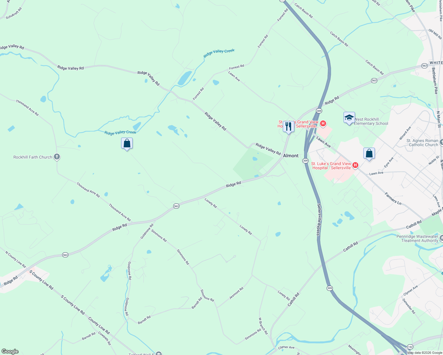 map of restaurants, bars, coffee shops, grocery stores, and more near 21 Hafler Road in Sellersville