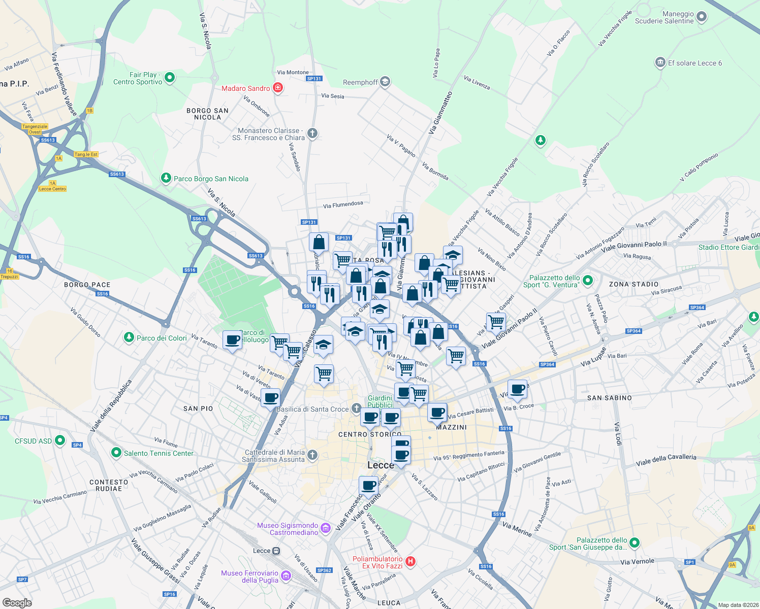 map of restaurants, bars, coffee shops, grocery stores, and more near 1-9 Via Lubello Formoso in Lecce