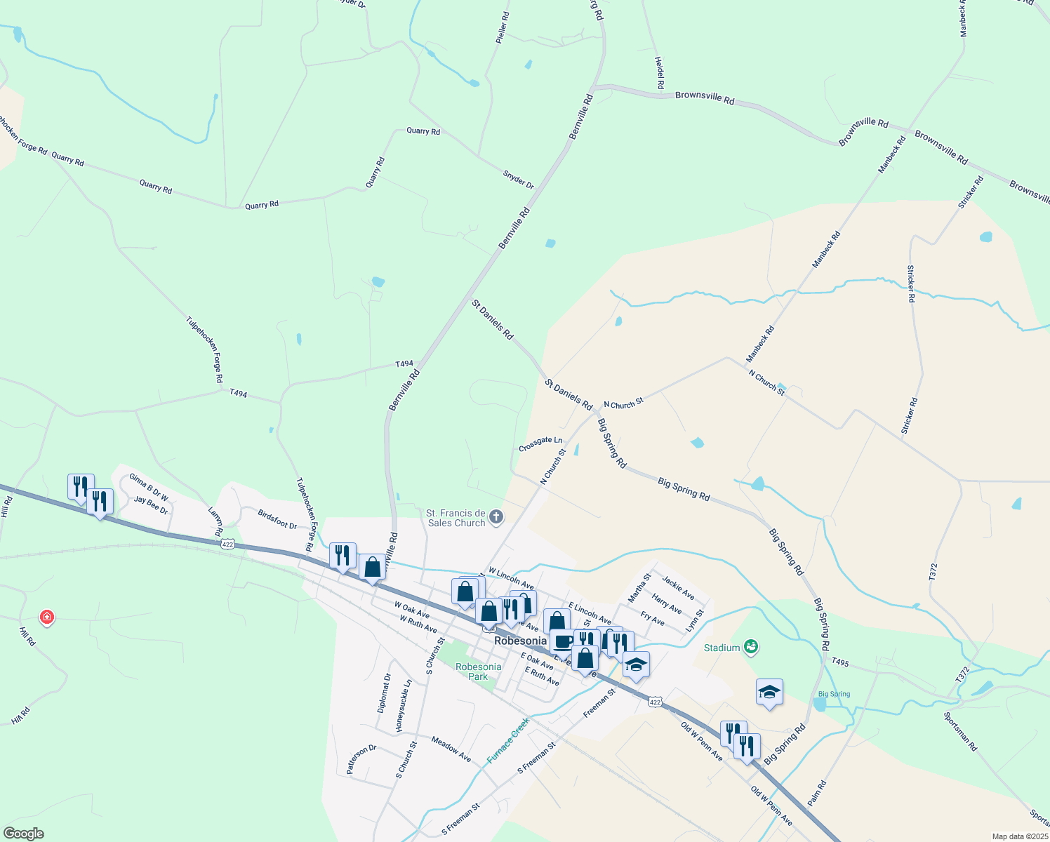 map of restaurants, bars, coffee shops, grocery stores, and more near 50 Steeple Dr in Robesonia