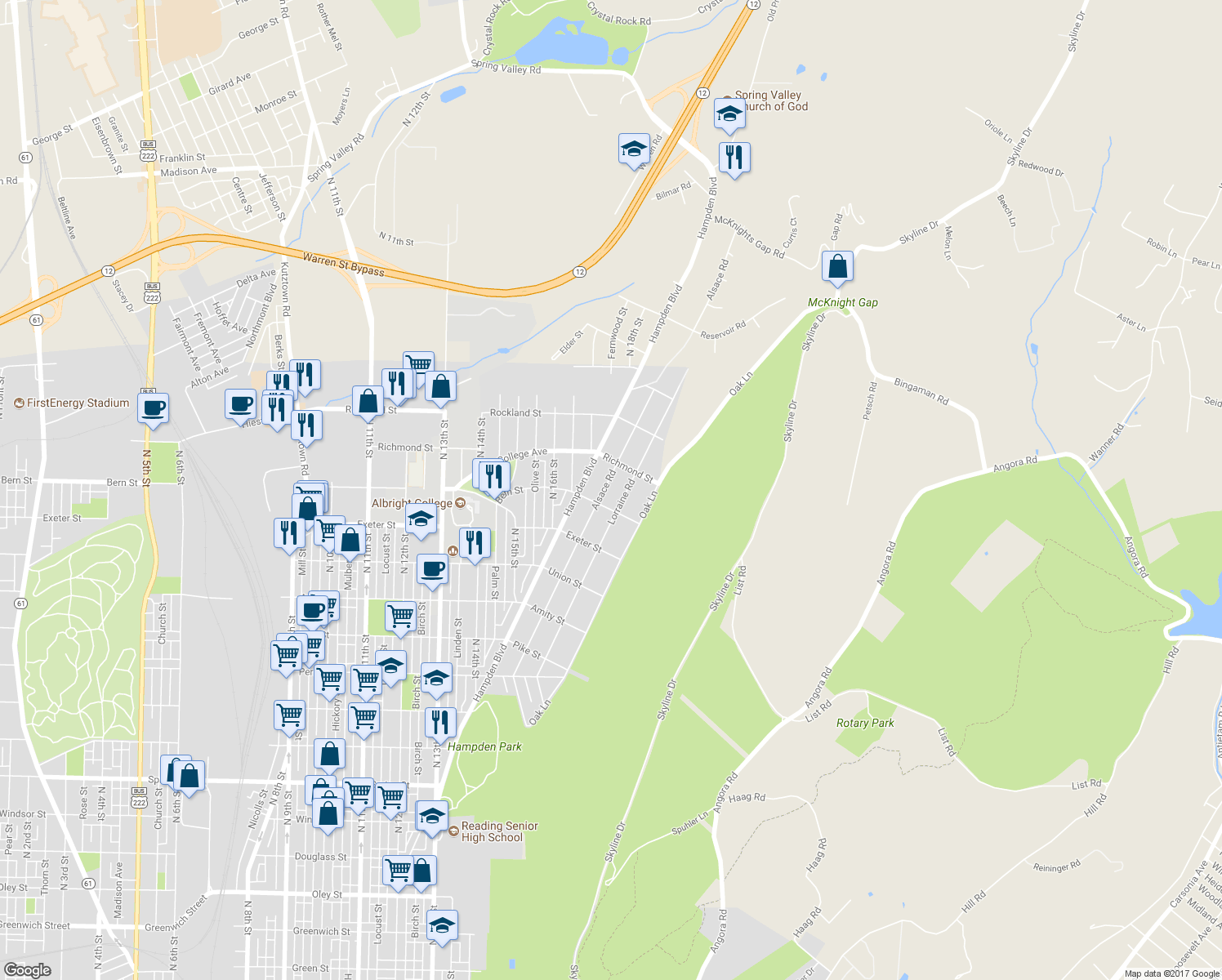 map of restaurants, bars, coffee shops, grocery stores, and more near 1825 Alsace Road in Reading