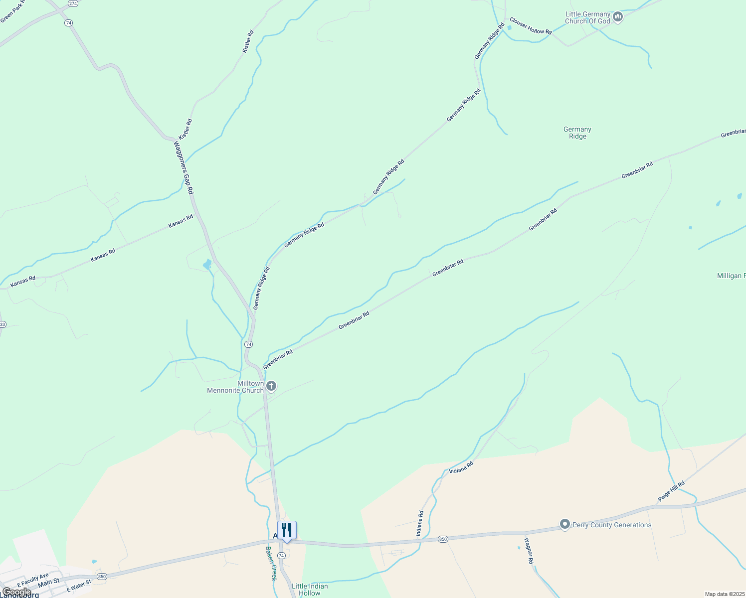 map of restaurants, bars, coffee shops, grocery stores, and more near 196 Greenbriar Road in Elliottsburg