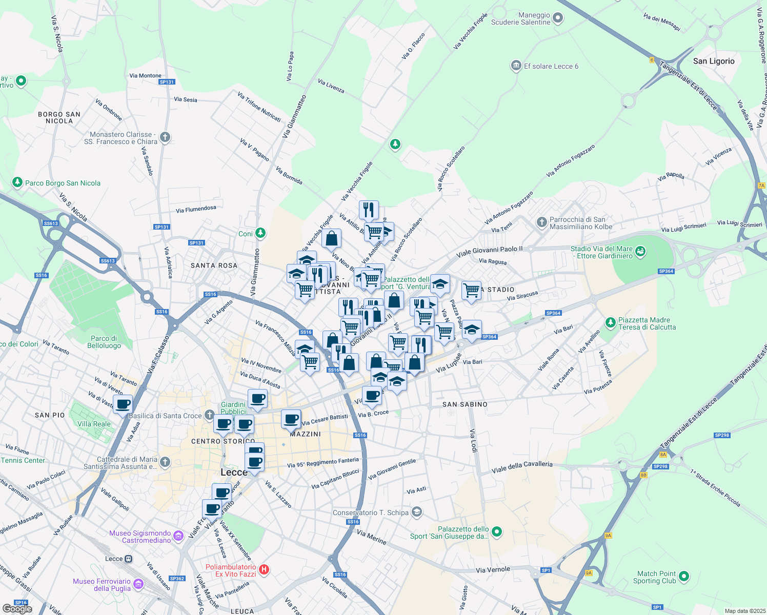 map of restaurants, bars, coffee shops, grocery stores, and more near 13 Via Stano Giovanni in Lecce