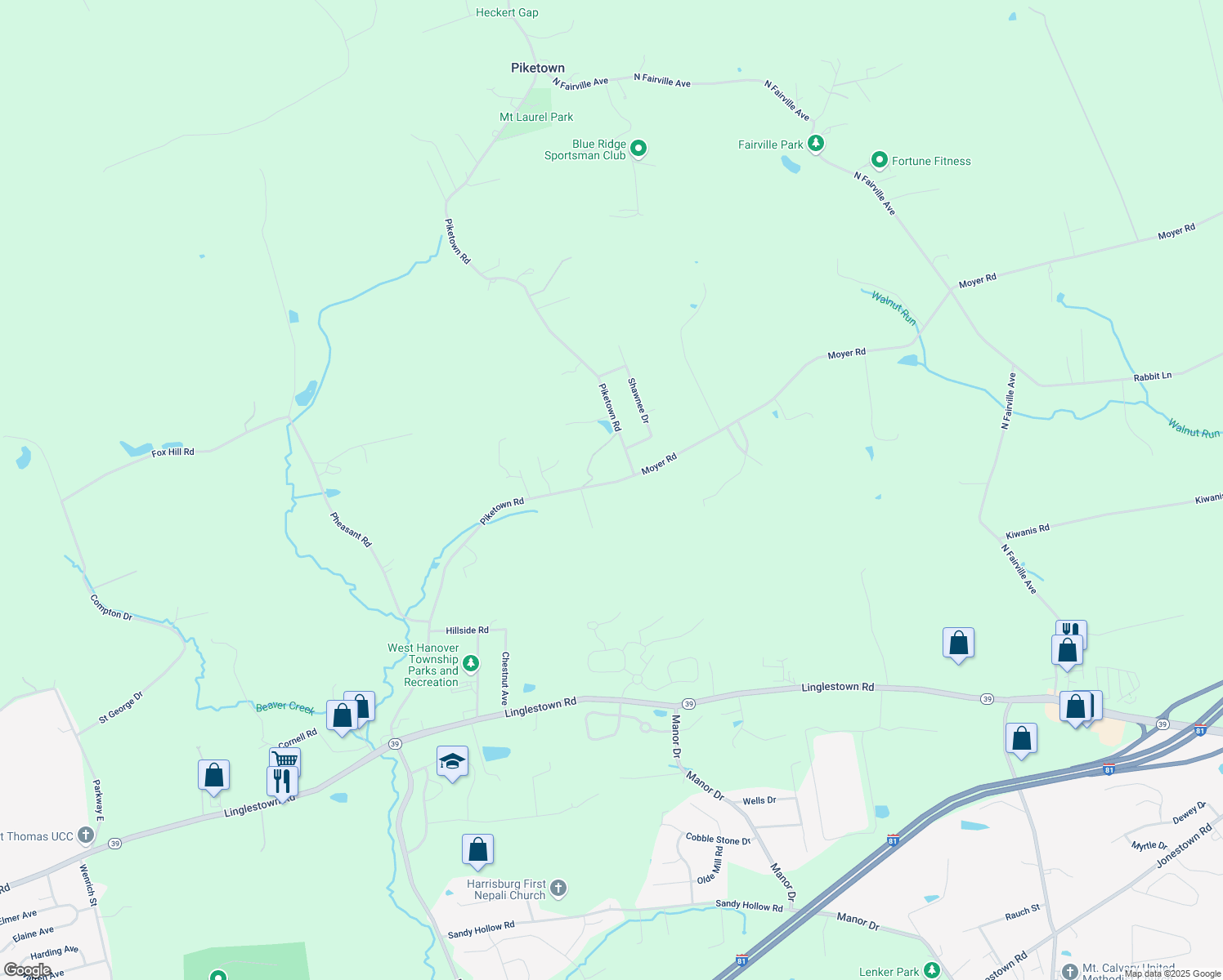 map of restaurants, bars, coffee shops, grocery stores, and more near 785 Piketown Road in Harrisburg