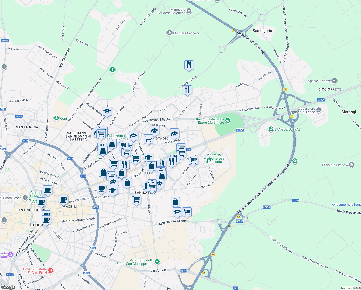 map of restaurants, bars, coffee shops, grocery stores, and more near 74 Via Siracusa in Lecce