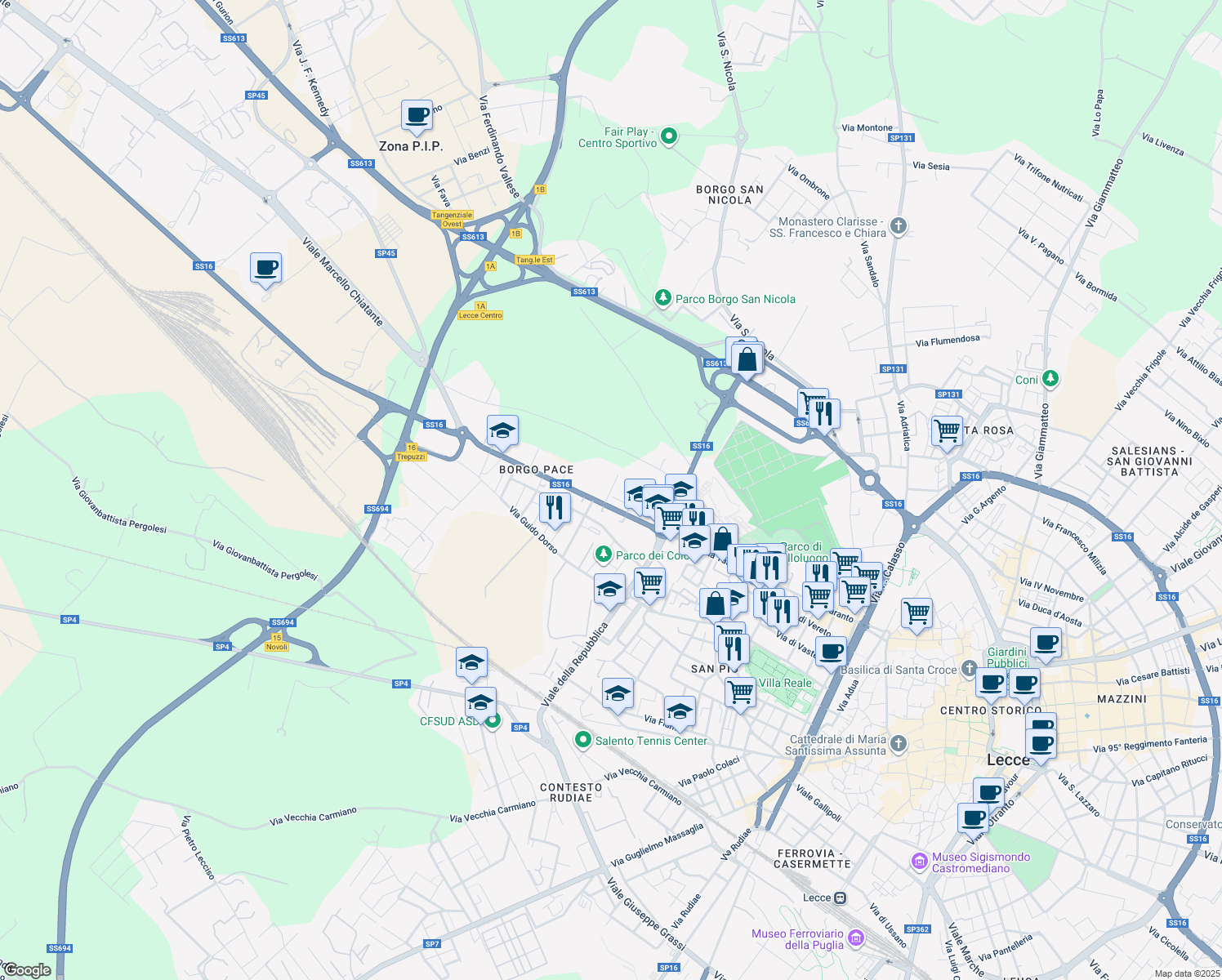 map of restaurants, bars, coffee shops, grocery stores, and more near Via Belloluogo in Lecce
