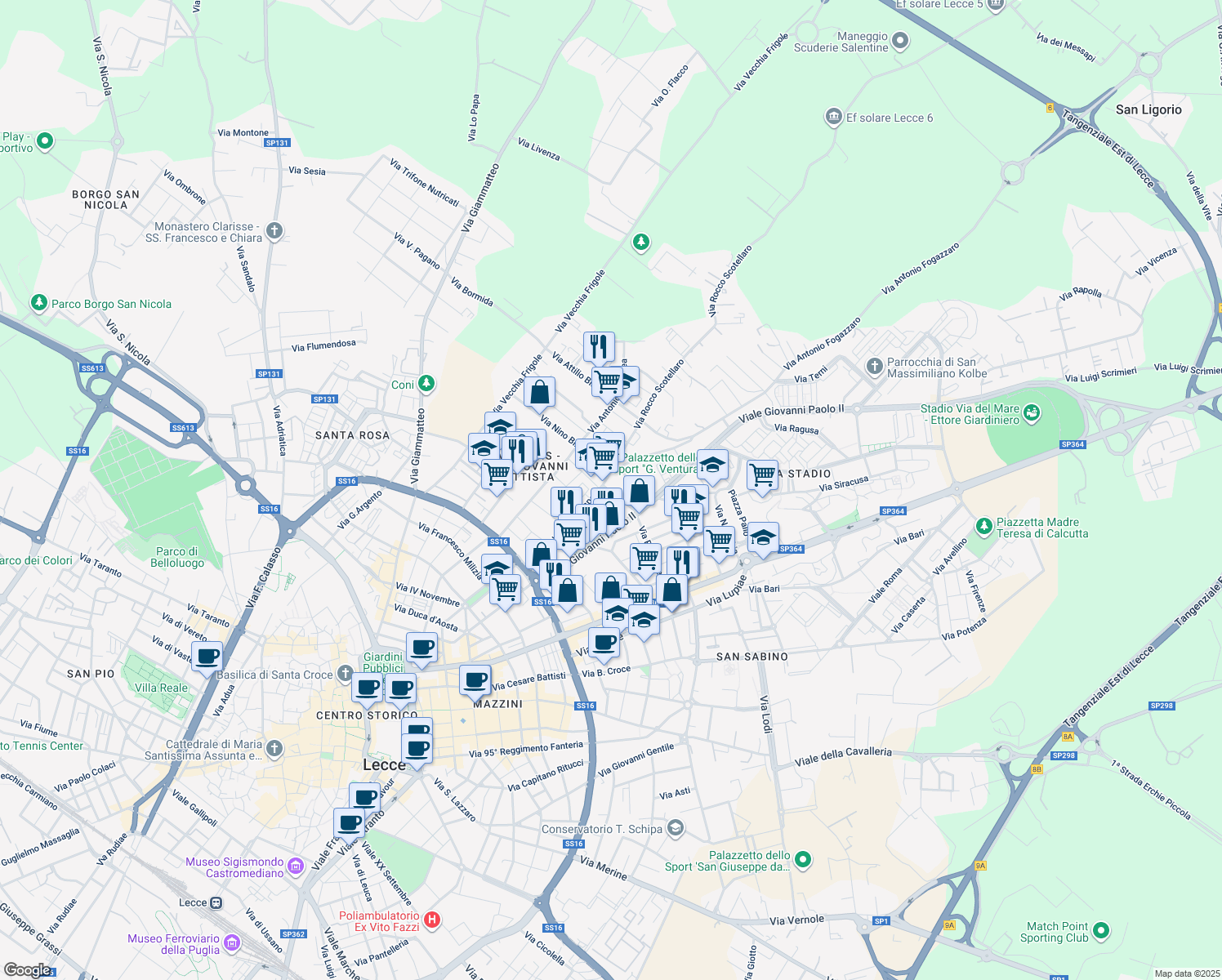 map of restaurants, bars, coffee shops, grocery stores, and more near 13 Via Stano Giovanni in Lecce