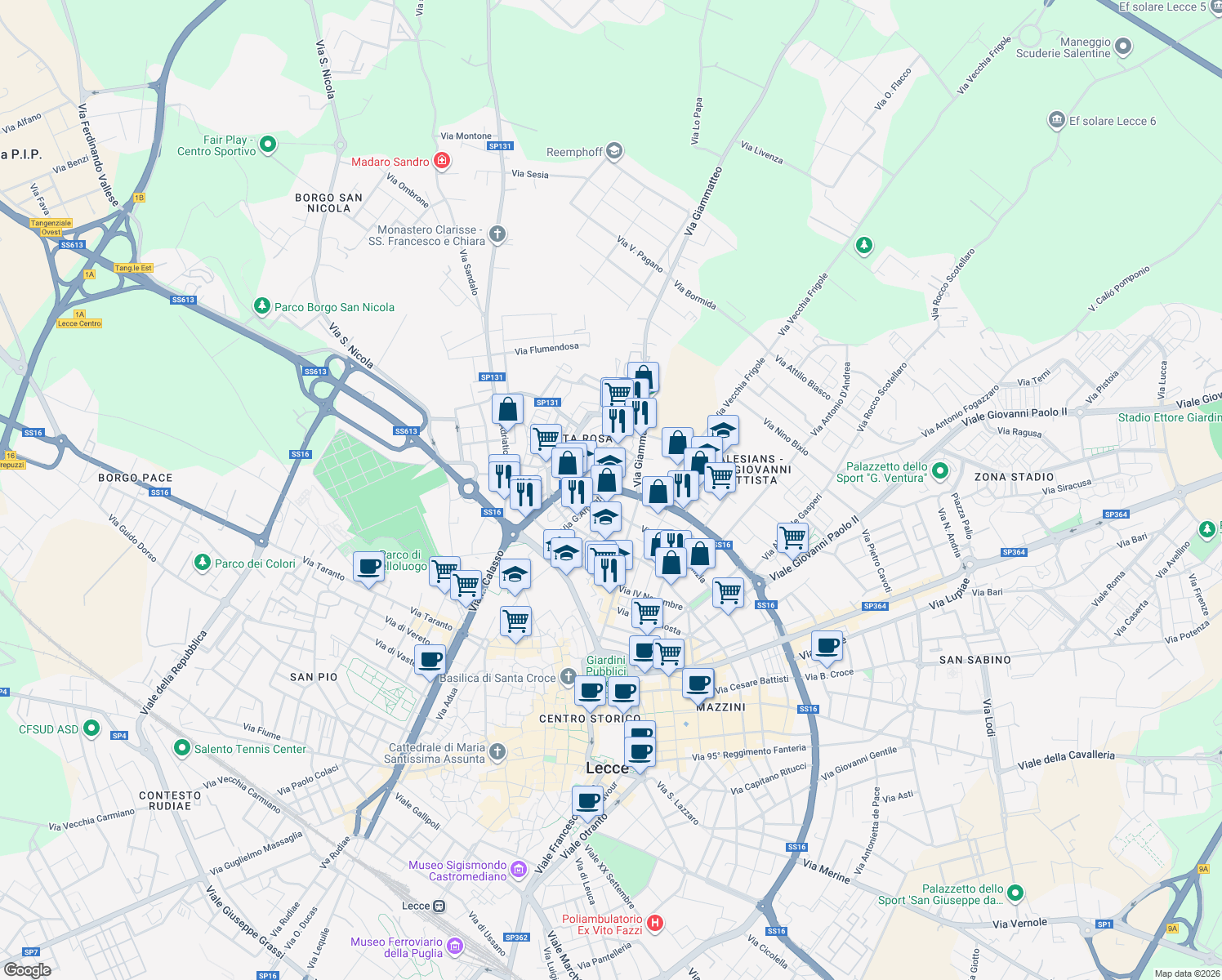 map of restaurants, bars, coffee shops, grocery stores, and more near 9 Via Formoso Lubello in Lecce