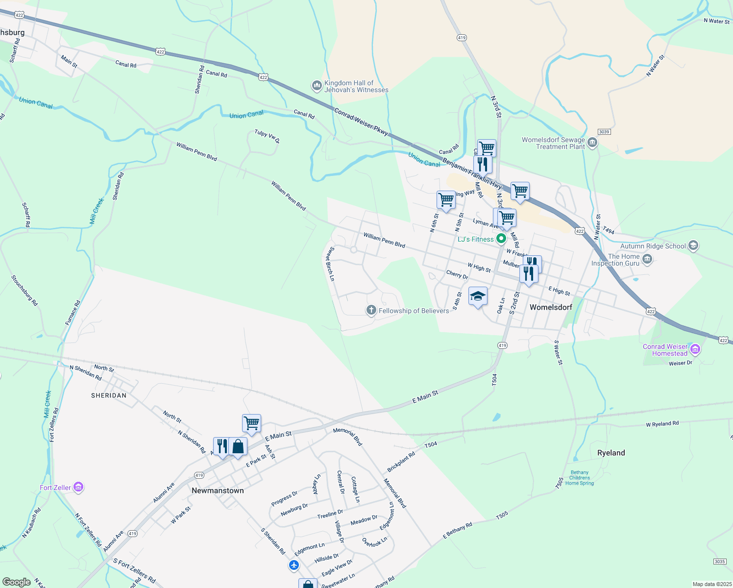 map of restaurants, bars, coffee shops, grocery stores, and more near 3 Apple Blossom Lane in Womelsdorf