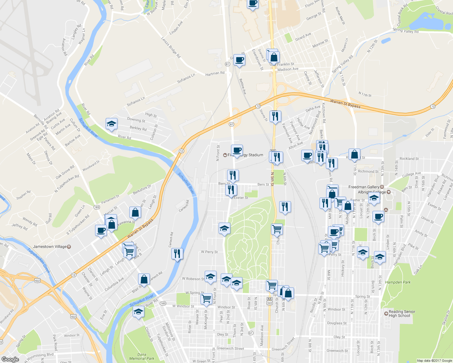 map of restaurants, bars, coffee shops, grocery stores, and more near 141 Bern Street in Reading