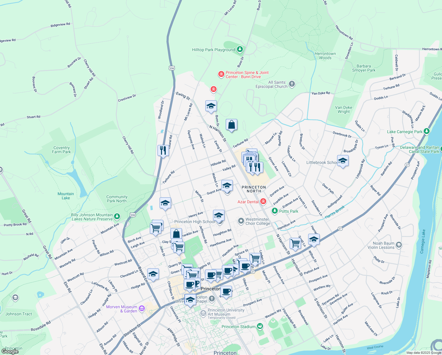 map of restaurants, bars, coffee shops, grocery stores, and more near 18 Oakland St in Princeton