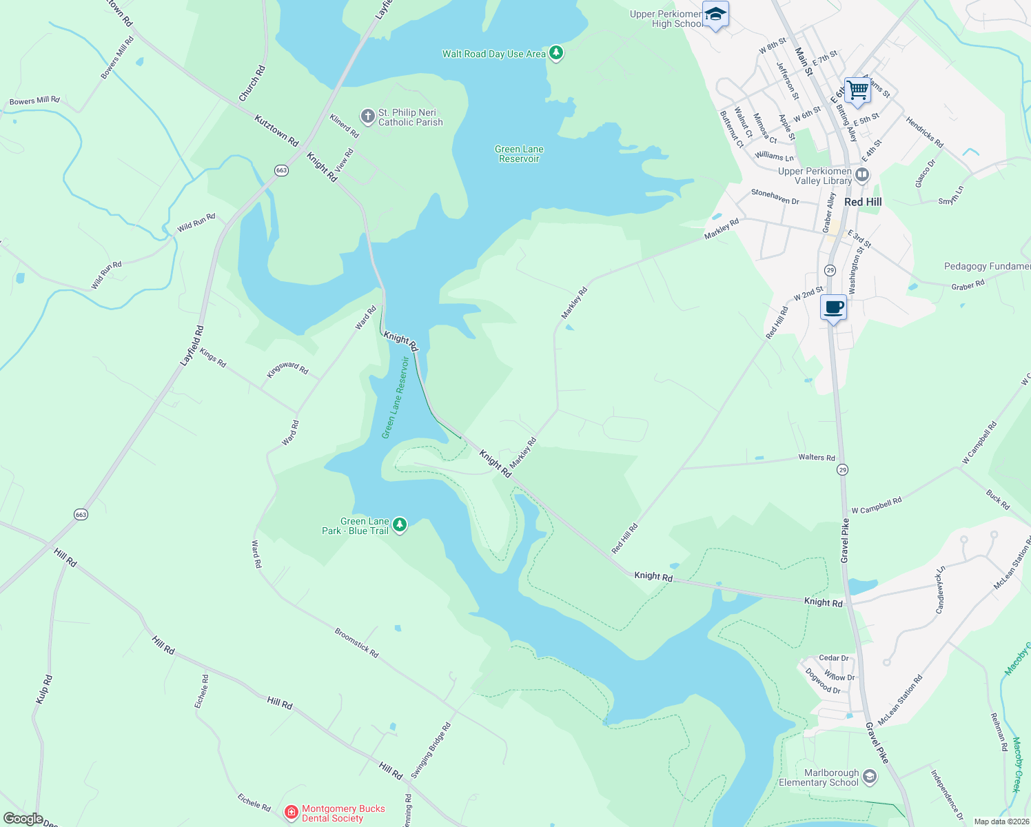 map of restaurants, bars, coffee shops, grocery stores, and more near 1559 Markley Rd in Pennsburg