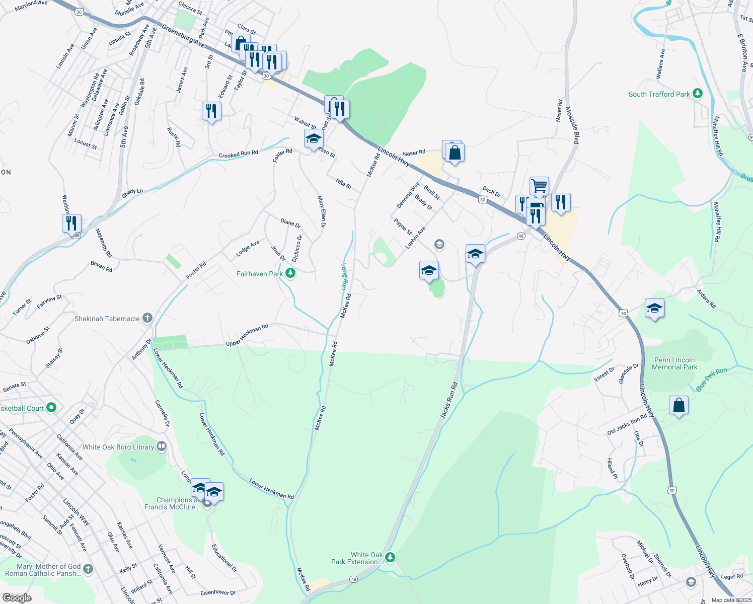 map of restaurants, bars, coffee shops, grocery stores, and more near 421 McKee Rd in North Versailles
