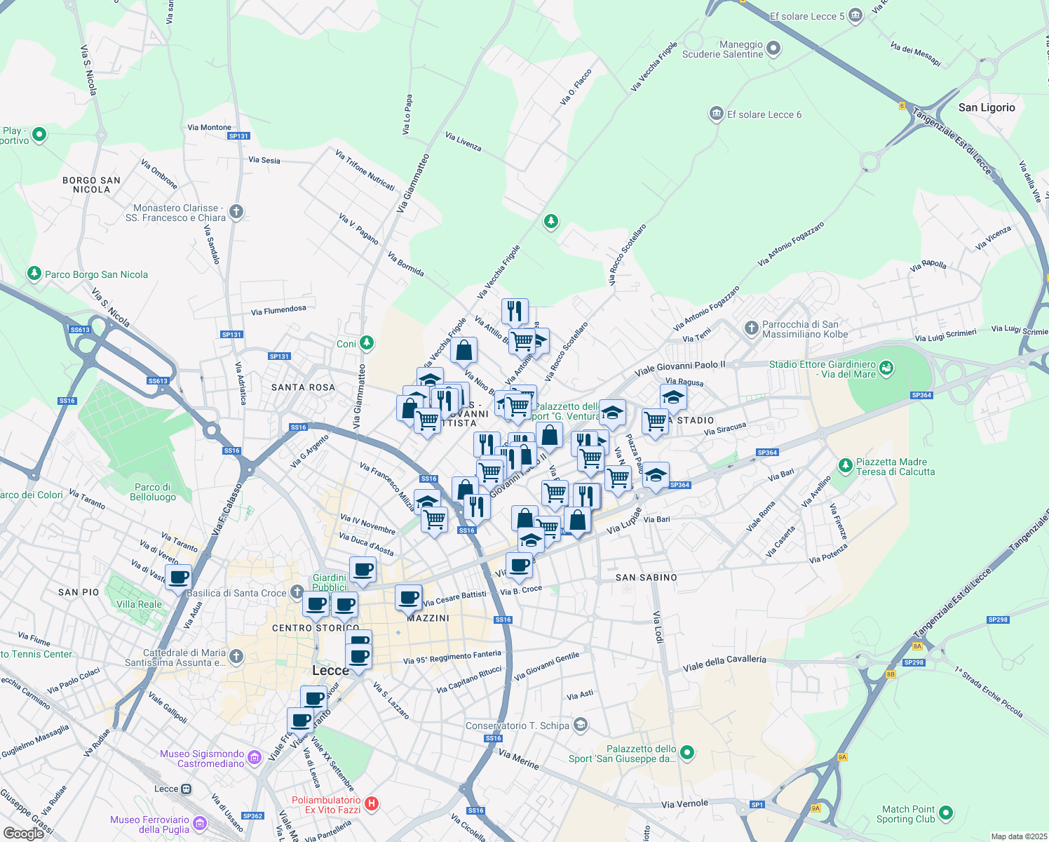 map of restaurants, bars, coffee shops, grocery stores, and more near 6 Via Antonio Fogazzaro in Lecce