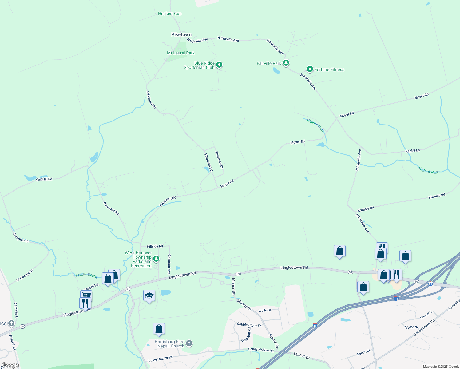 map of restaurants, bars, coffee shops, grocery stores, and more near 7355 Moyer Road in Harrisburg