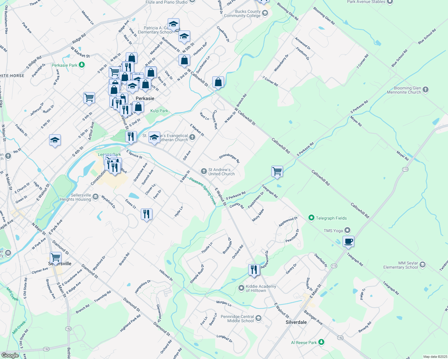 map of restaurants, bars, coffee shops, grocery stores, and more near 119 Strassburger Road in Perkasie