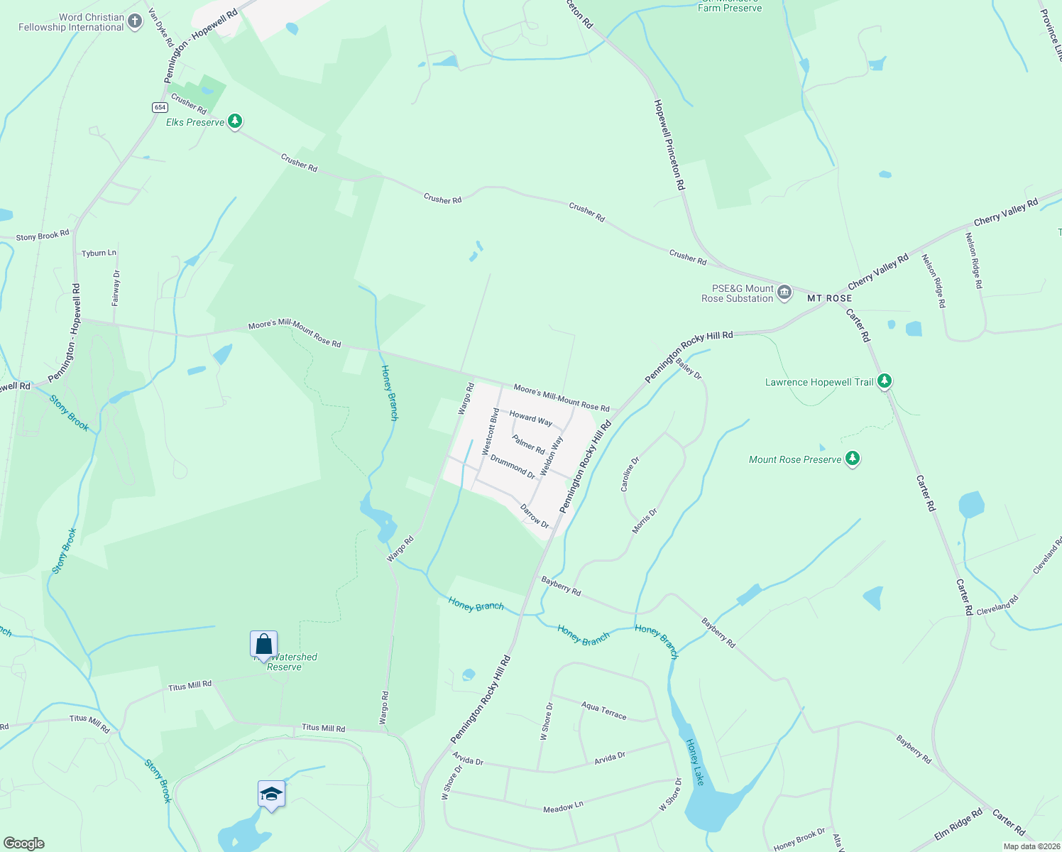 map of restaurants, bars, coffee shops, grocery stores, and more near 109 Howard Way in Pennington