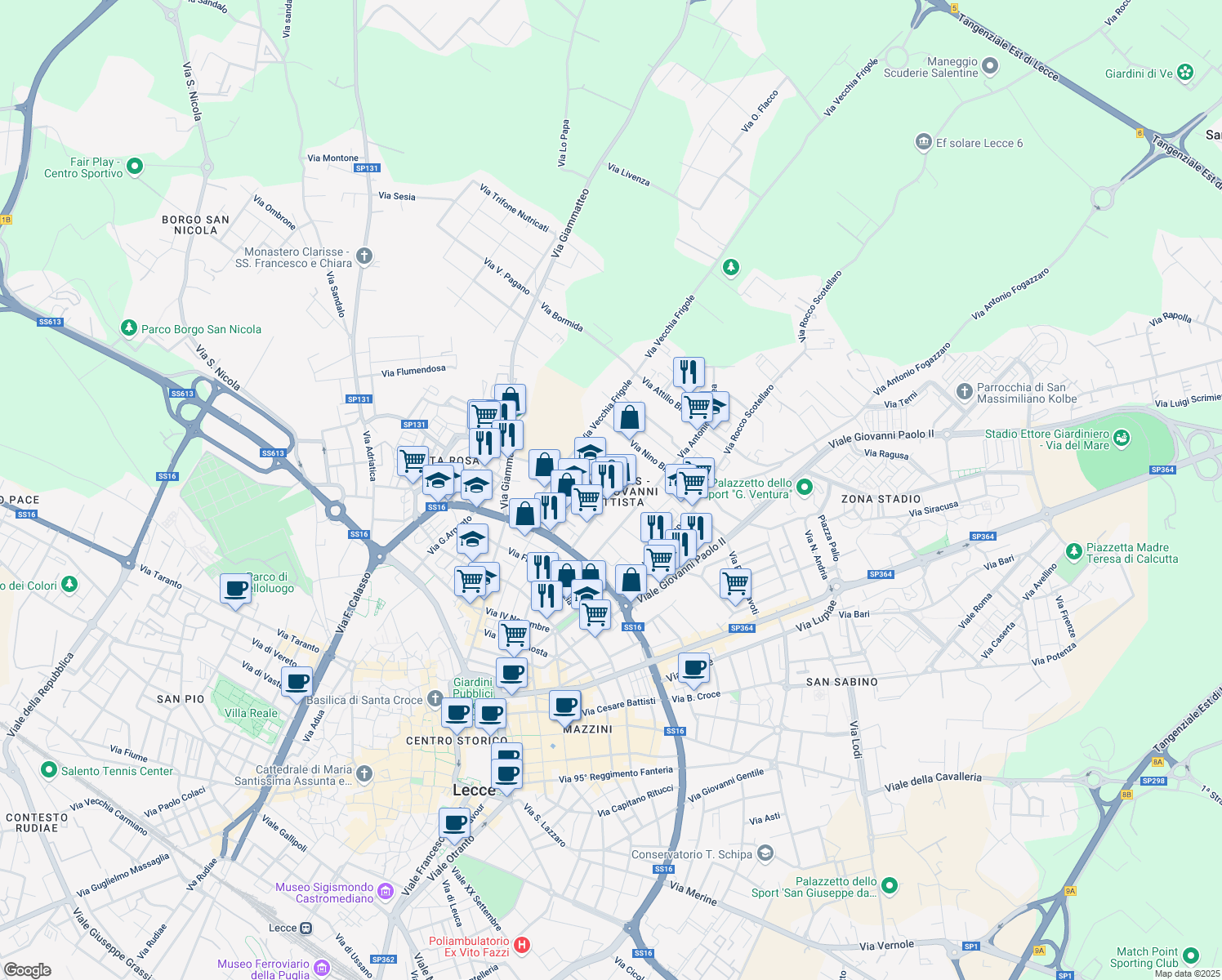 map of restaurants, bars, coffee shops, grocery stores, and more near 79 Via Cosimo de Giorgi in Lecce