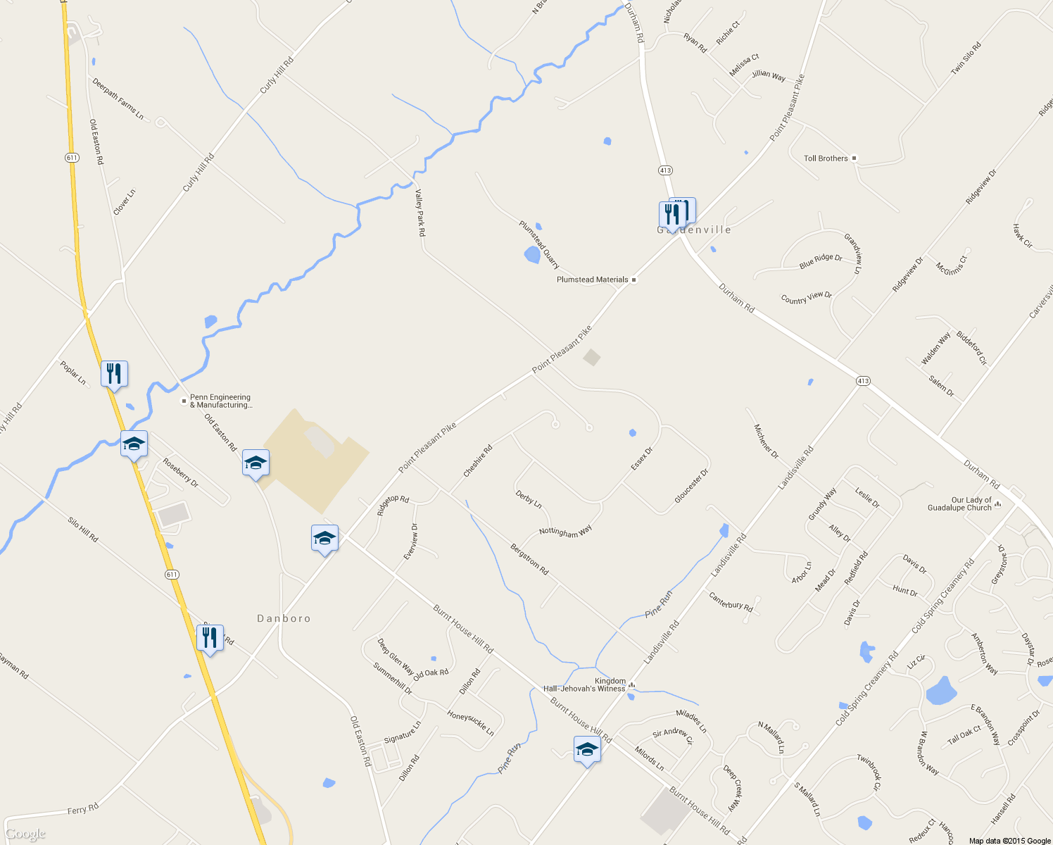 map of restaurants, bars, coffee shops, grocery stores, and more near 4835 Cheshire Road in Doylestown