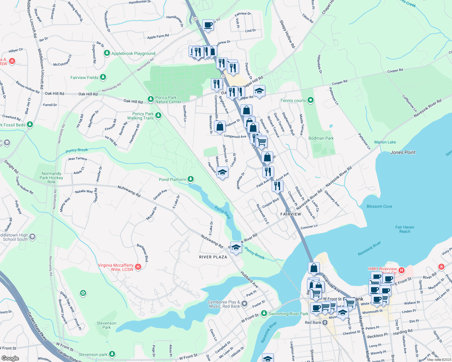map of restaurants, bars, coffee shops, grocery stores, and more near 817 Lincoln Street in Red Bank