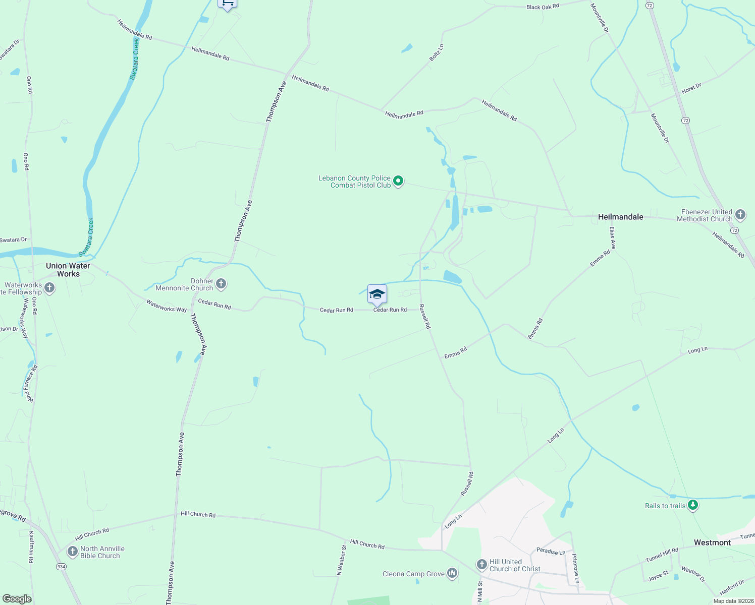 map of restaurants, bars, coffee shops, grocery stores, and more near 2709 Cedar Run Road in Lebanon