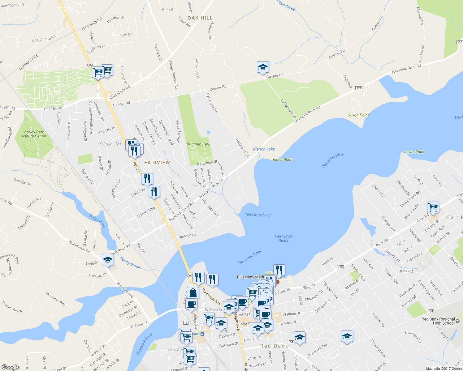 map of restaurants, bars, coffee shops, grocery stores, and more near 18 Blossom Cove Road in Red Bank