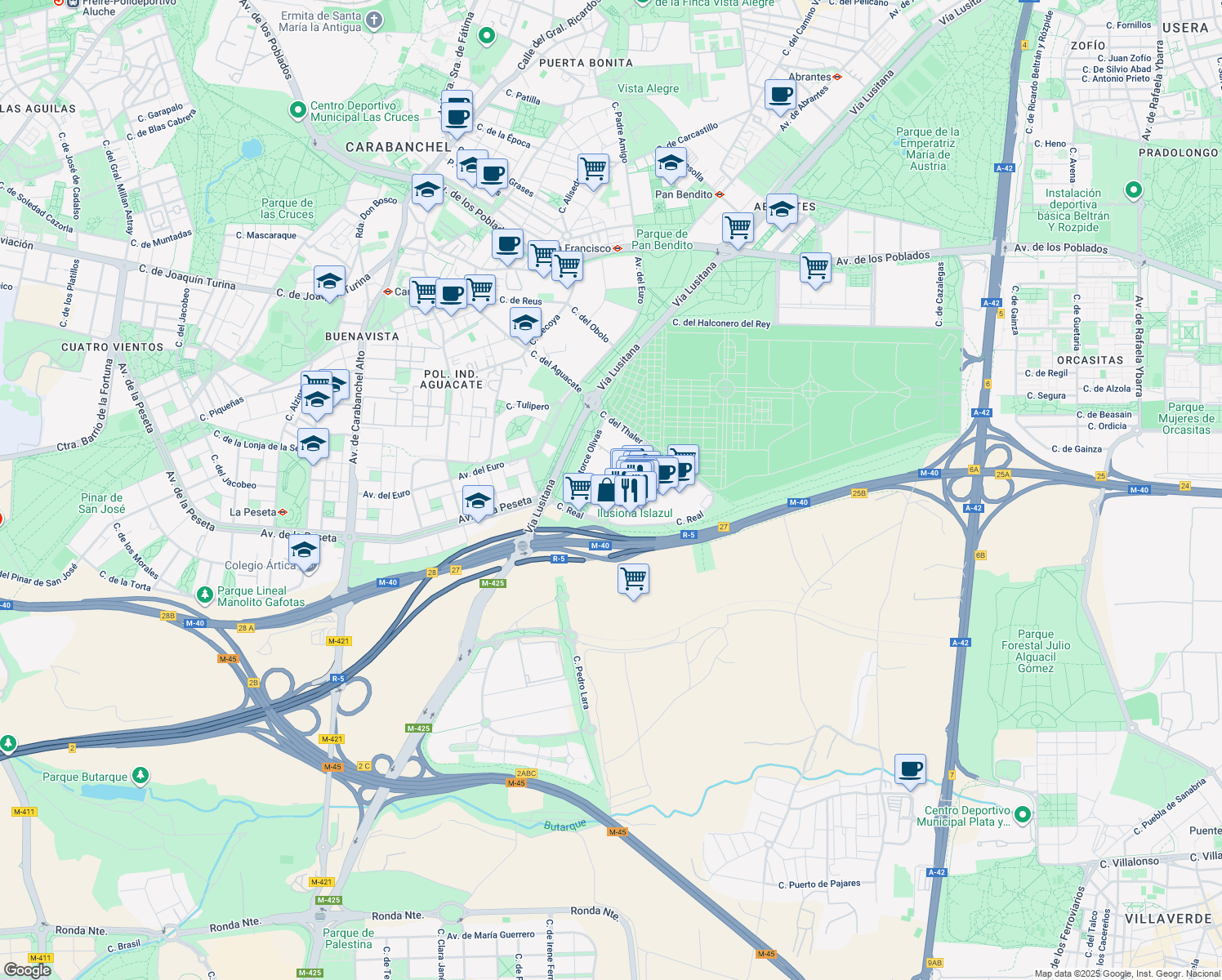 map of restaurants, bars, coffee shops, grocery stores, and more near 16 Calle Calderilla in Madrid