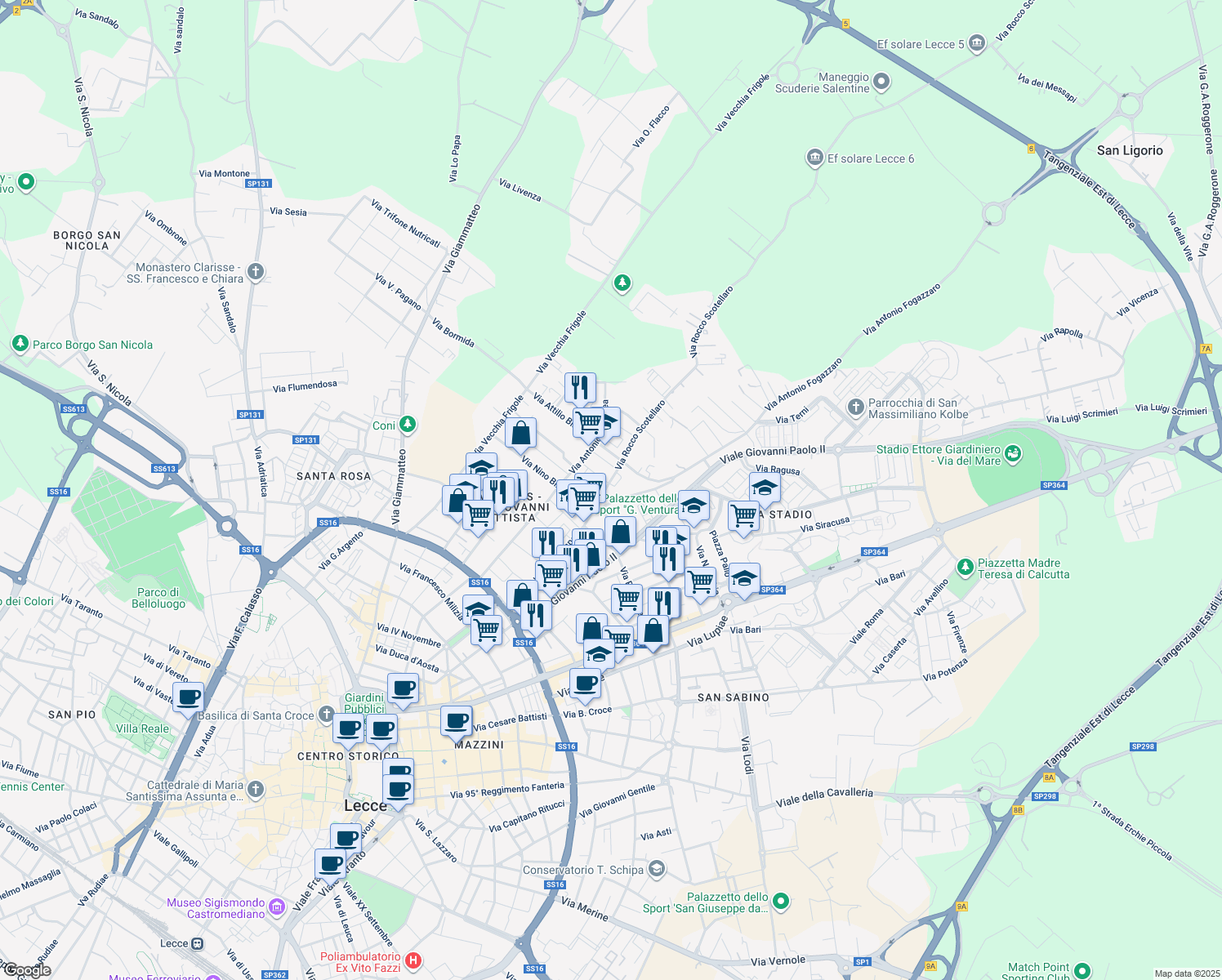 map of restaurants, bars, coffee shops, grocery stores, and more near 6 Via Antonio Fogazzaro in Lecce