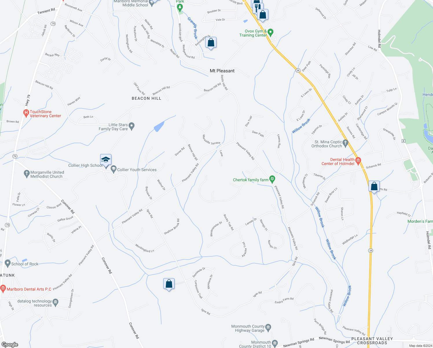 map of restaurants, bars, coffee shops, grocery stores, and more near 292 Pleasant Valley Road in Marlboro Township
