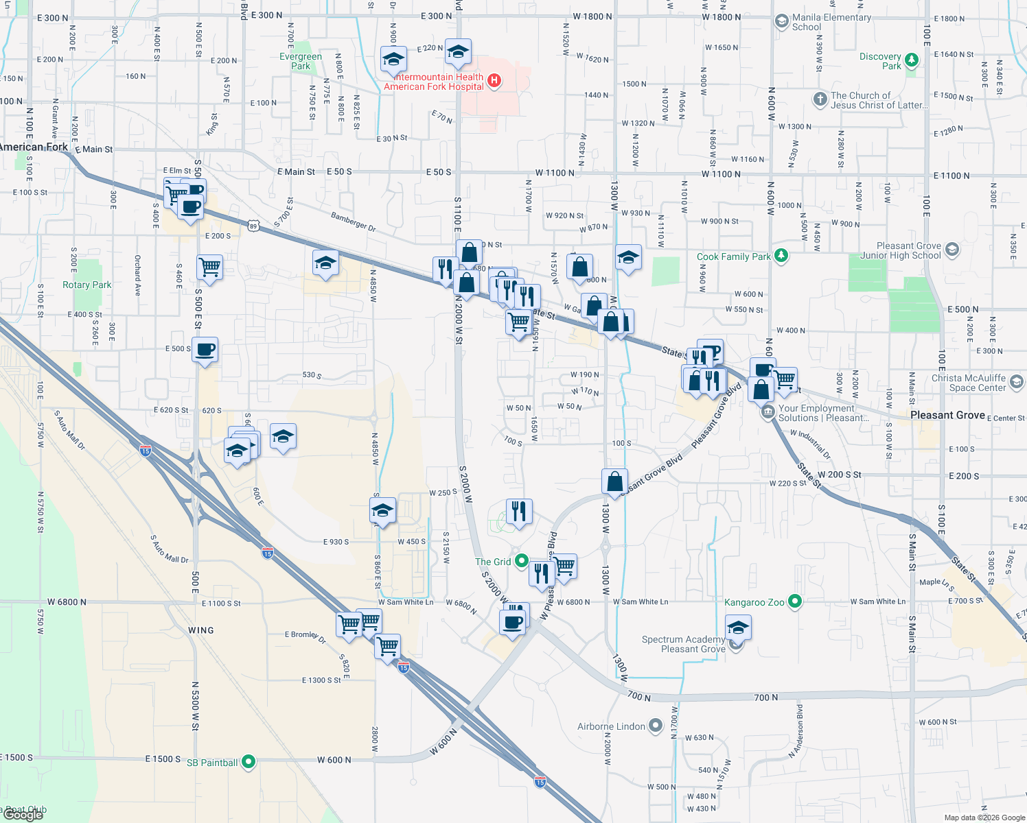 map of restaurants, bars, coffee shops, grocery stores, and more near 1753 West 50 North in Pleasant Grove