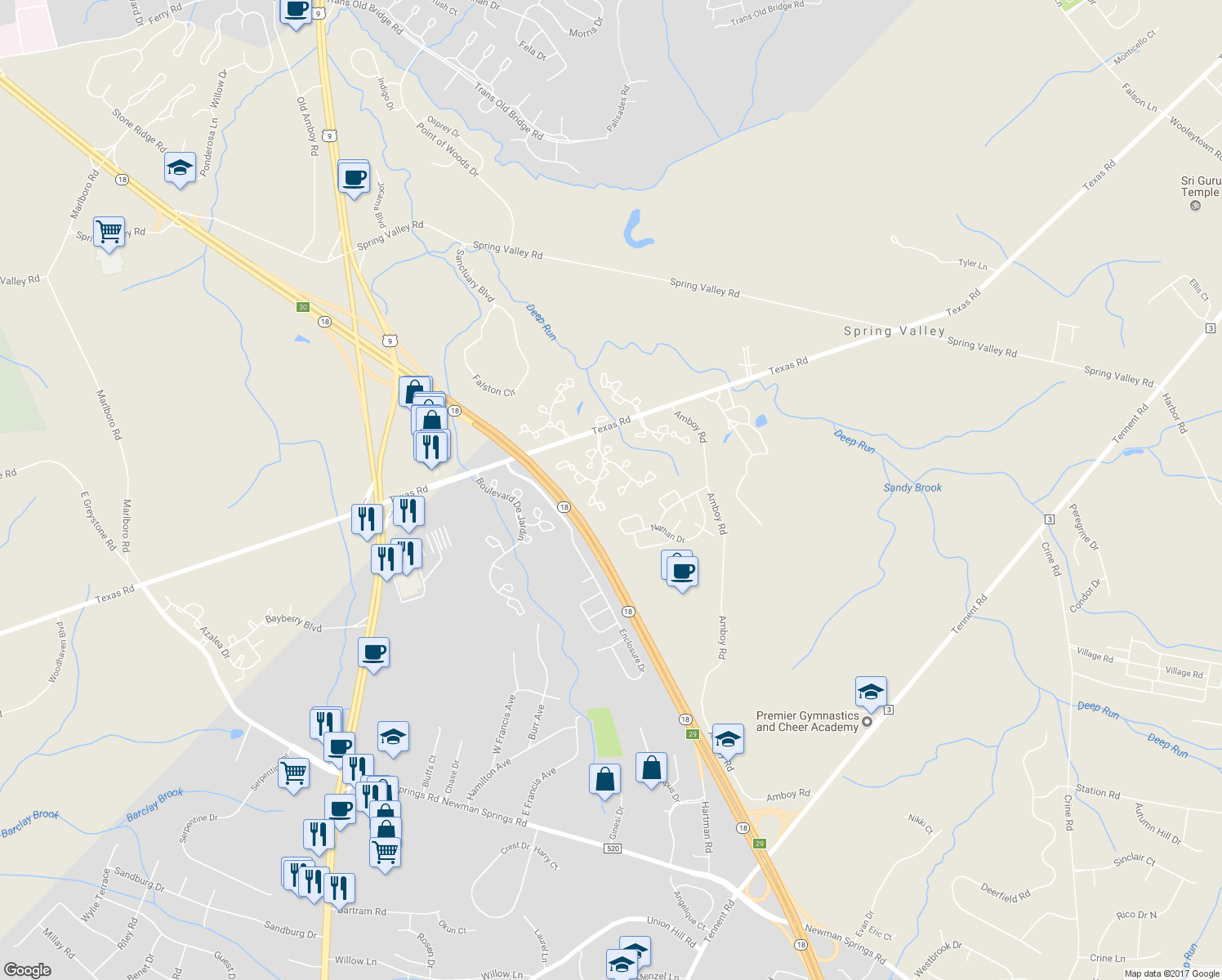map of restaurants, bars, coffee shops, grocery stores, and more near 291 Stratford Place in Marlboro Township