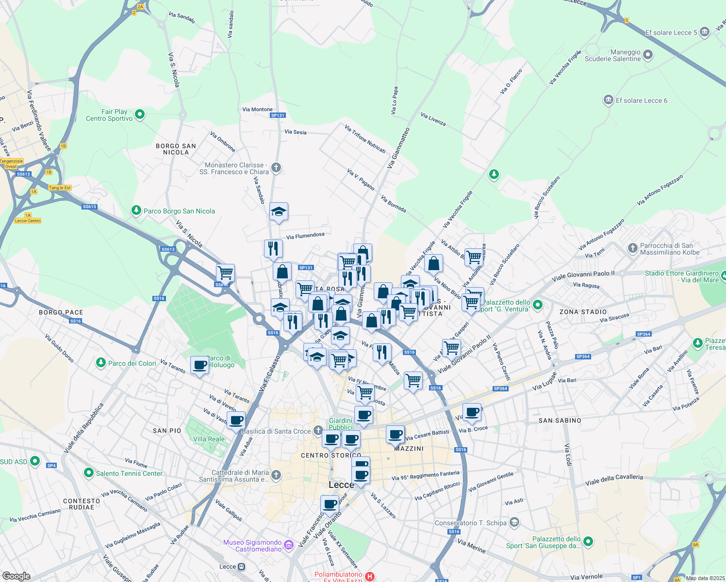 map of restaurants, bars, coffee shops, grocery stores, and more near 39 Via Giammatteo in Lecce