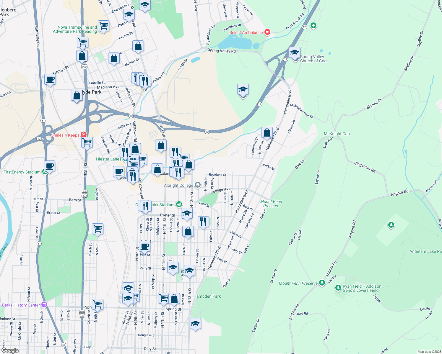 map of restaurants, bars, coffee shops, grocery stores, and more near 1947 North 15th Street in Reading