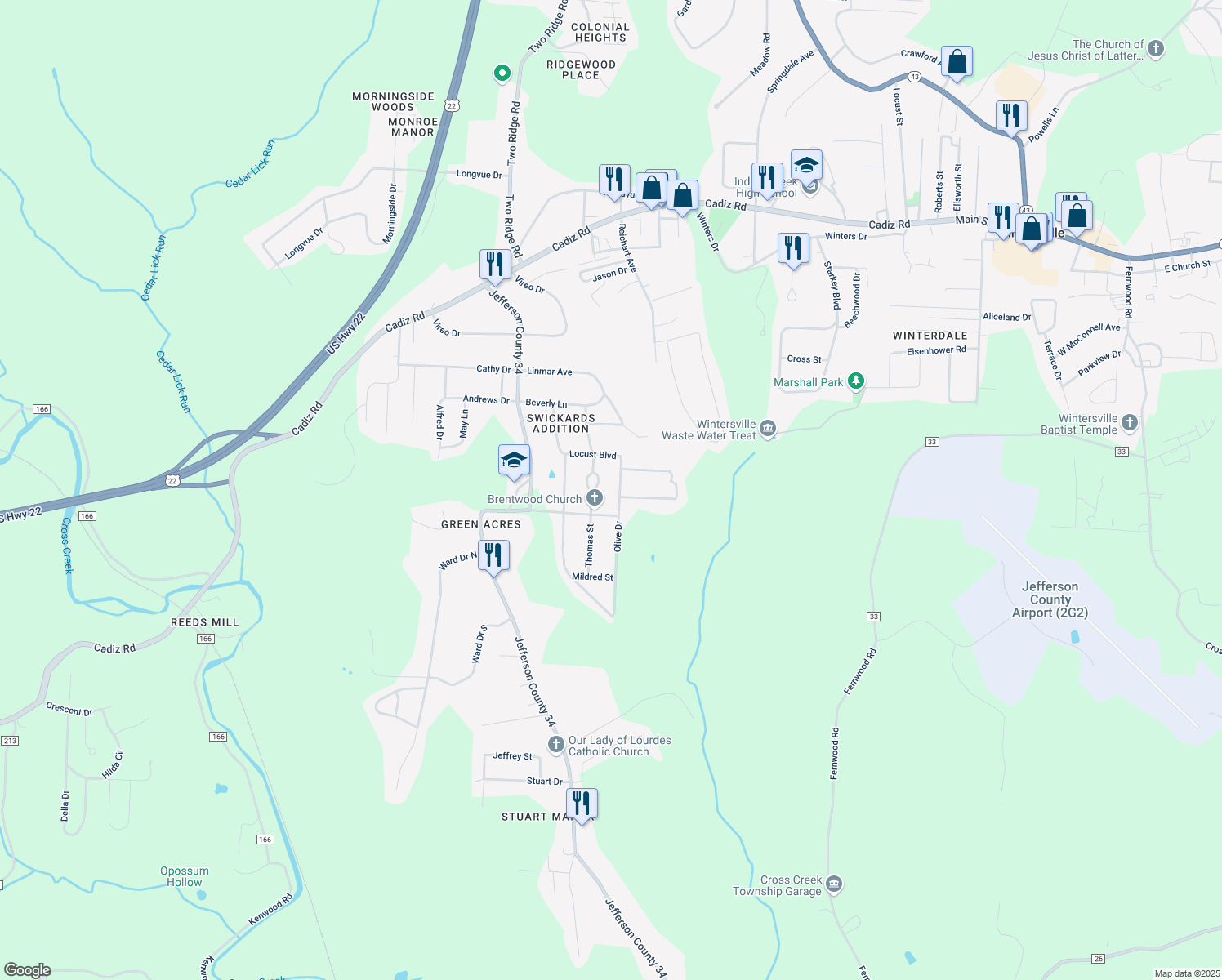 map of restaurants, bars, coffee shops, grocery stores, and more near 227 Olive Drive in Steubenville