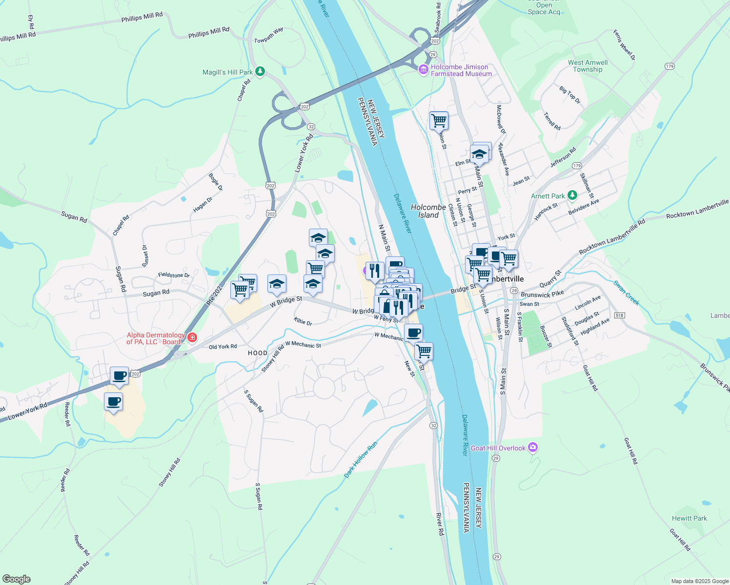 map of restaurants, bars, coffee shops, grocery stores, and more near 34 Chestnut Street in New Hope