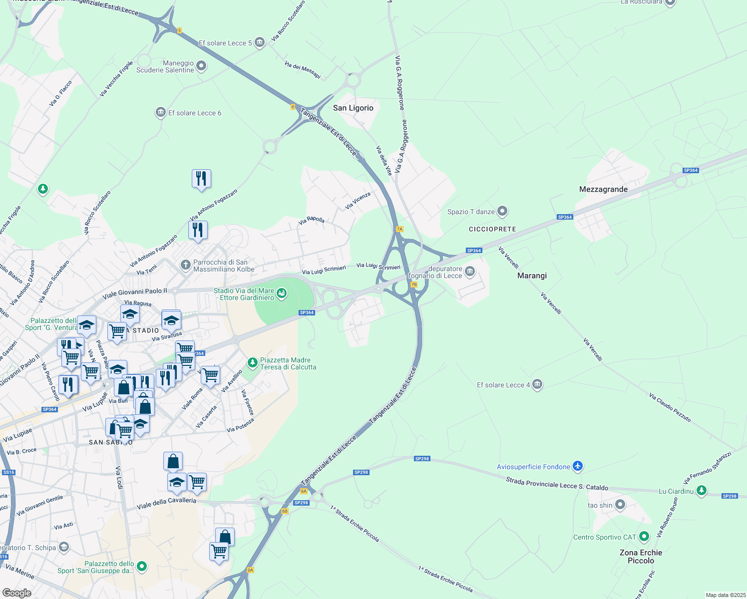 map of restaurants, bars, coffee shops, grocery stores, and more near 2 Via Cremona in Provincia di Lecce