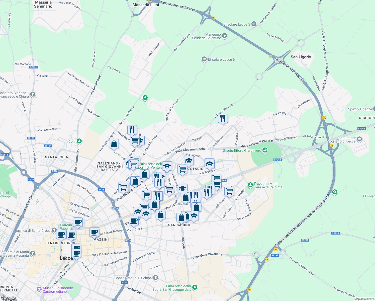 map of restaurants, bars, coffee shops, grocery stores, and more near Viale Stadio in Lecce
