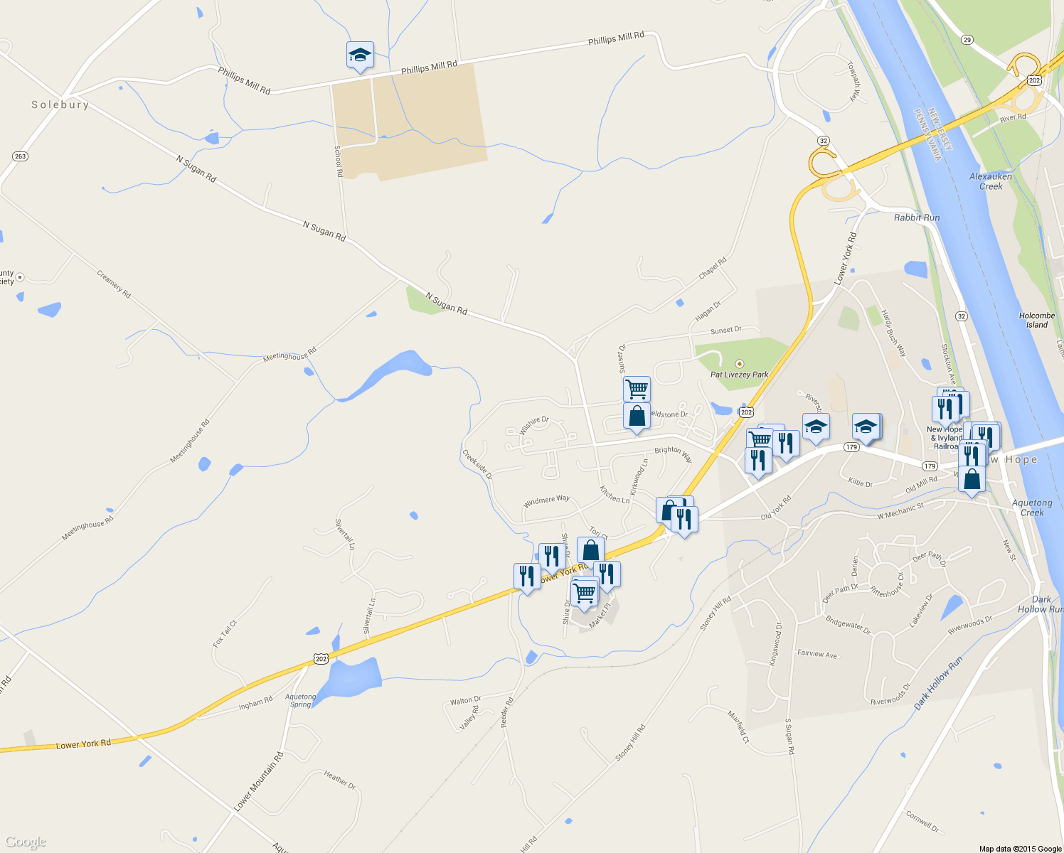 map of restaurants, bars, coffee shops, grocery stores, and more near 402 Greenwich Court in New Hope