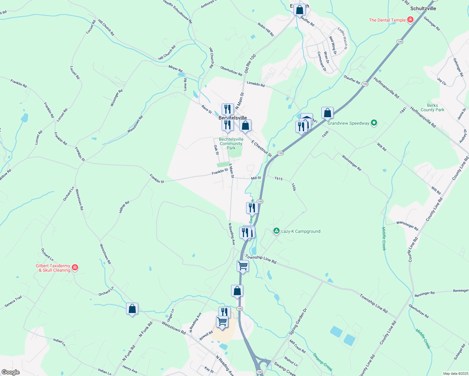 map of restaurants, bars, coffee shops, grocery stores, and more near 1644 South Main Street in Bechtelsville
