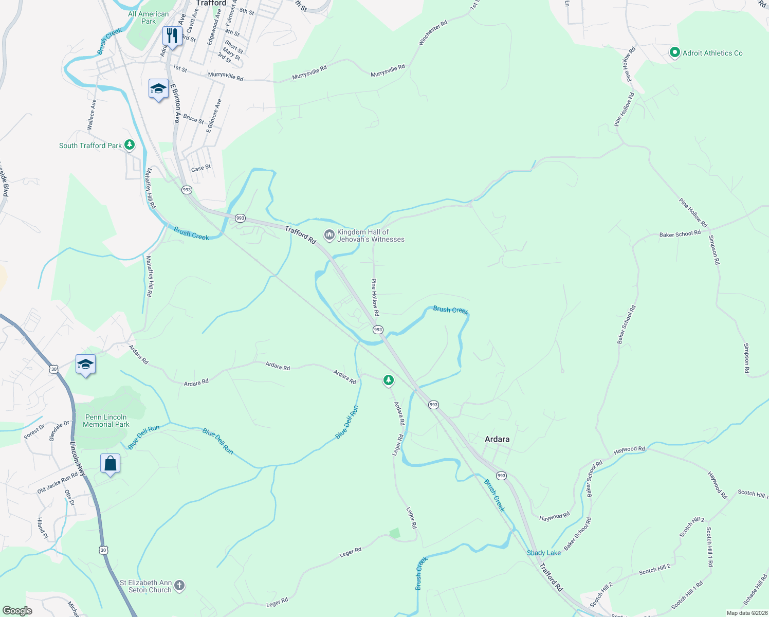 map of restaurants, bars, coffee shops, grocery stores, and more near 12130 Lentz Lane in Trafford