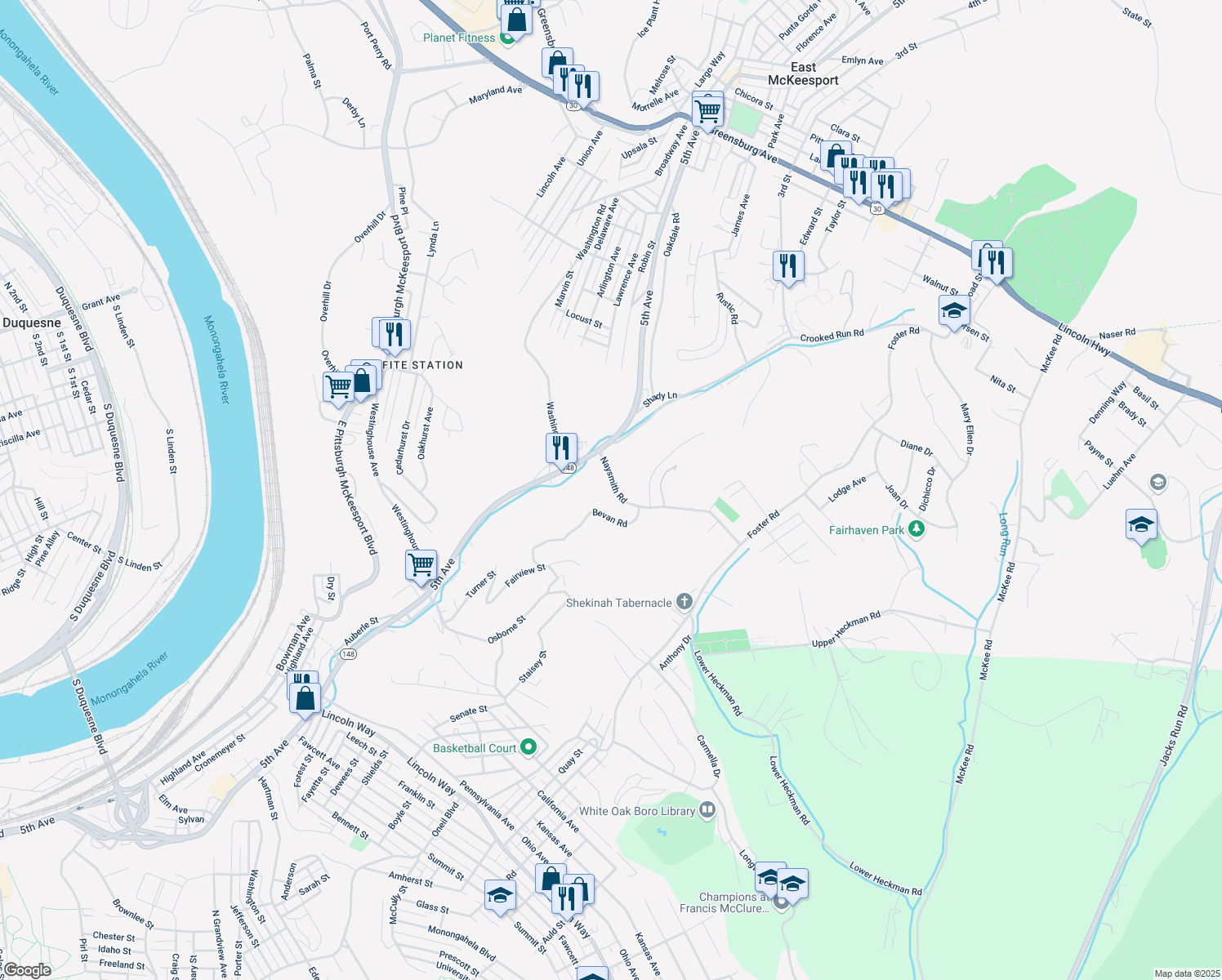 map of restaurants, bars, coffee shops, grocery stores, and more near 518 Naysmith Road in North Versailles
