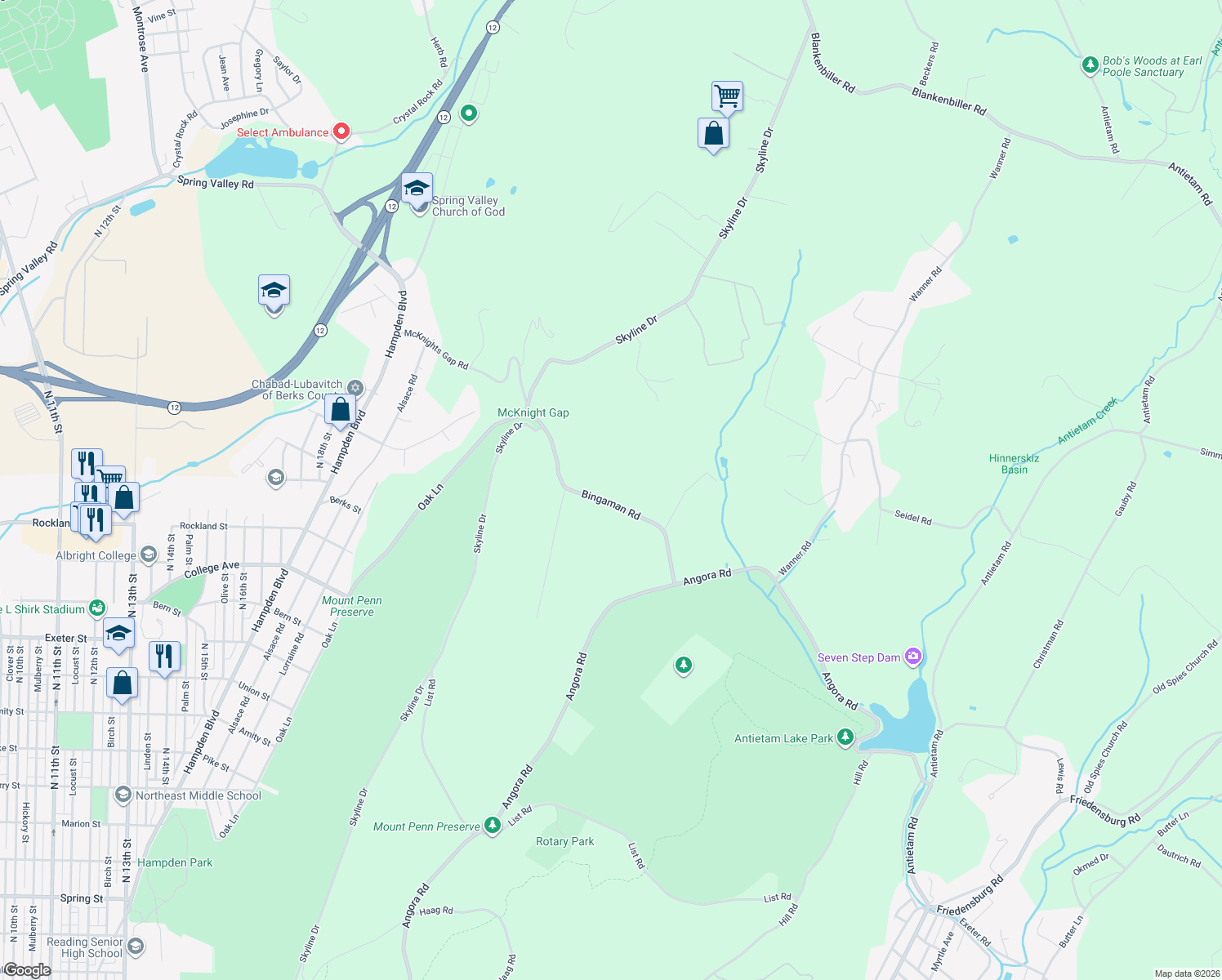 map of restaurants, bars, coffee shops, grocery stores, and more near 120 Bingaman Rd in Reading