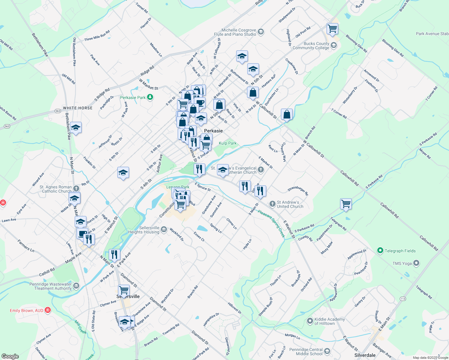 map of restaurants, bars, coffee shops, grocery stores, and more near 219 East Walnut Street in Perkasie