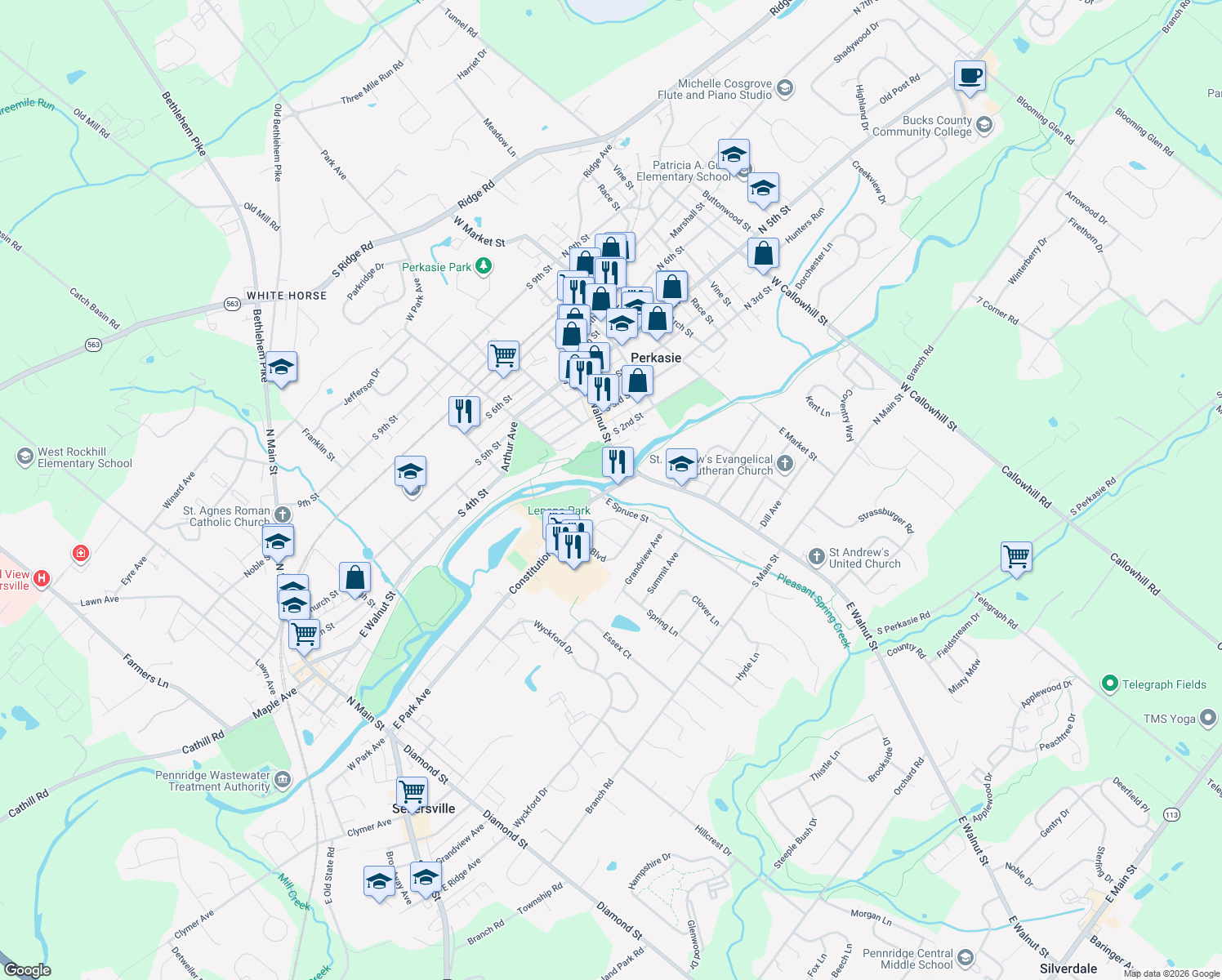 map of restaurants, bars, coffee shops, grocery stores, and more near 501 Constitution Avenue in Perkasie