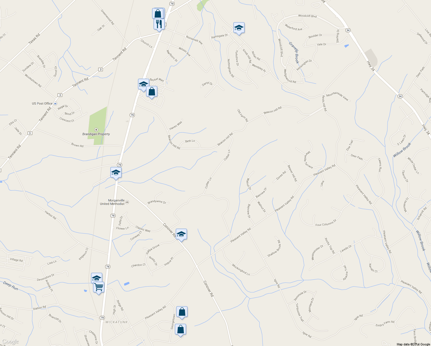 map of restaurants, bars, coffee shops, grocery stores, and more near 33 Collier Lane in Marlboro Township