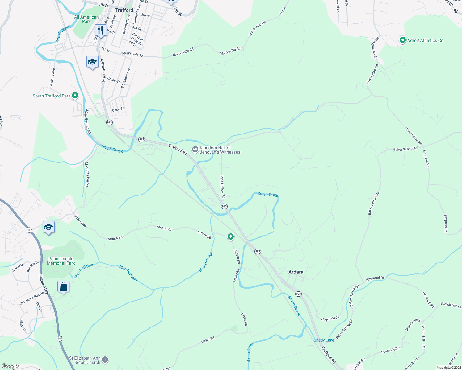 map of restaurants, bars, coffee shops, grocery stores, and more near 12130 Lentz Lane in Trafford