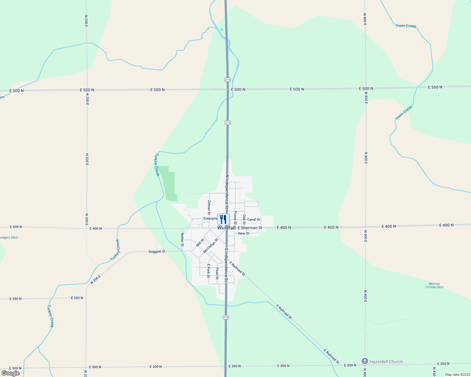 map of restaurants, bars, coffee shops, grocery stores, and more near 609 Posey St in Windfall