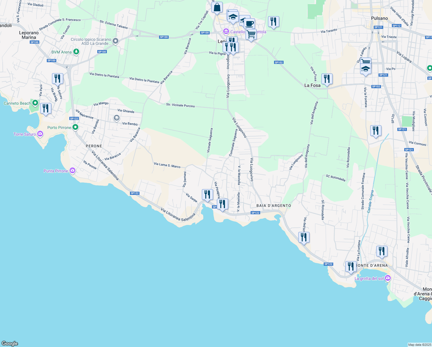 map of restaurants, bars, coffee shops, grocery stores, and more near 808 Strada Comunale Saguerra in Leporano Marina